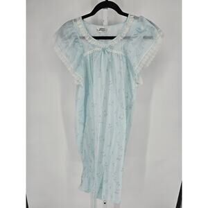 Vintage Featherbed Womens Sz M Nightgown Light Blue Floral Semi Sheer Lace Trim
